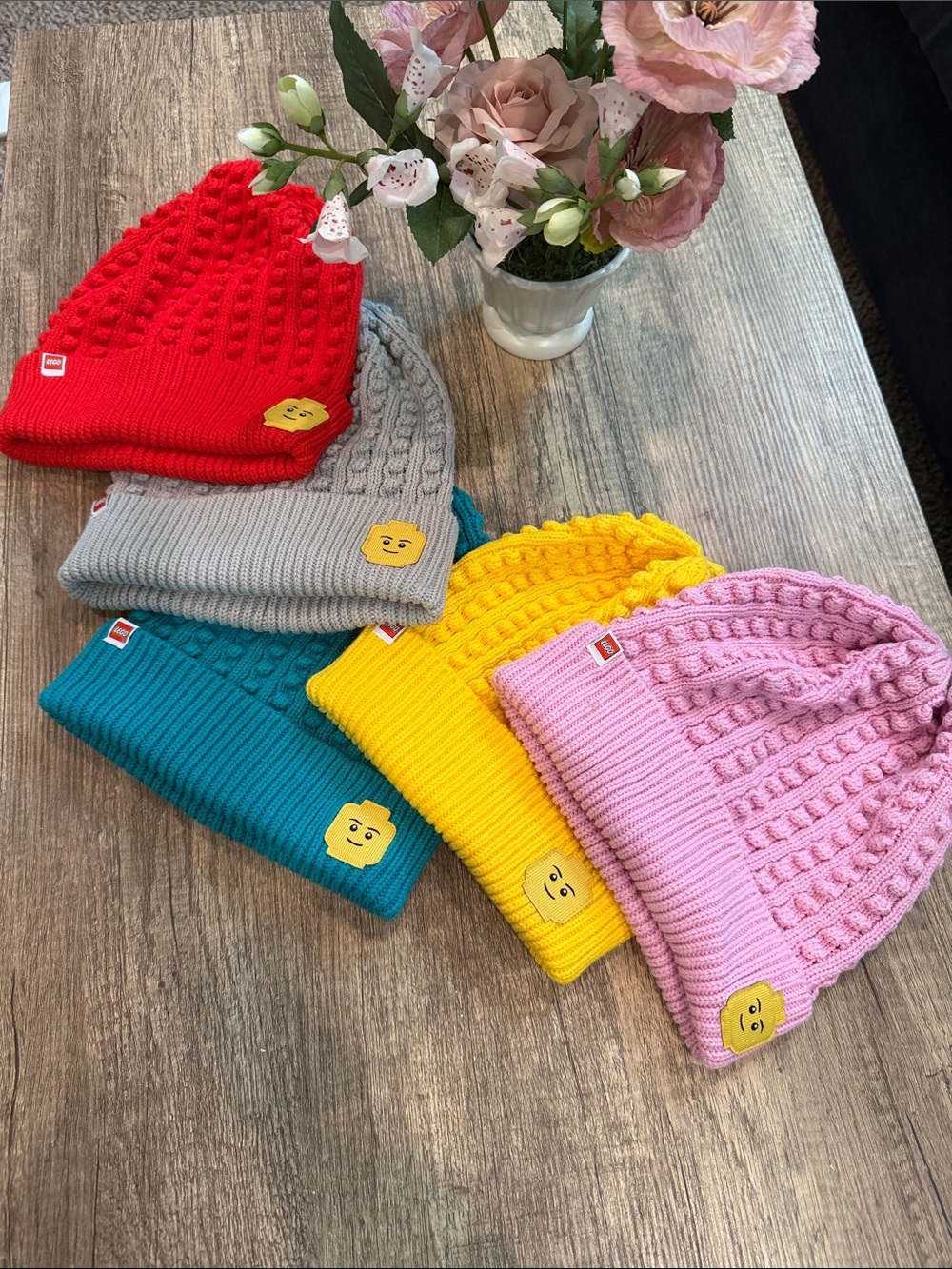 Lego Knit Beanie Hats in Red, Gray, Teal, Yellow & Pink